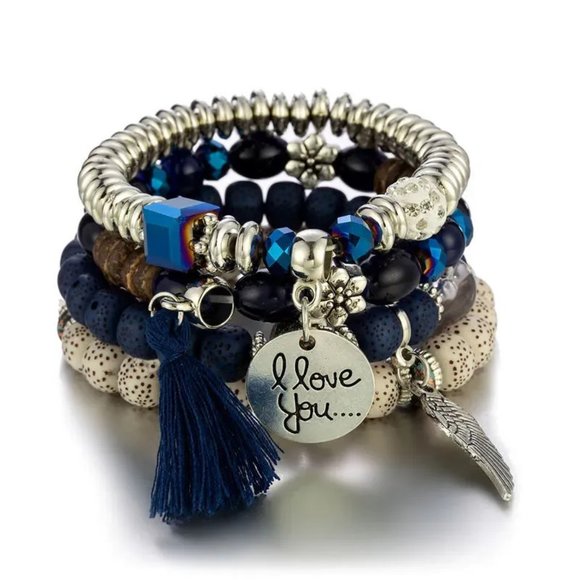 3/$35 Boho Beaded Stretch Bracelet Set Tassel & Charm Stack Love You' Pendant - Picture 4 of 4